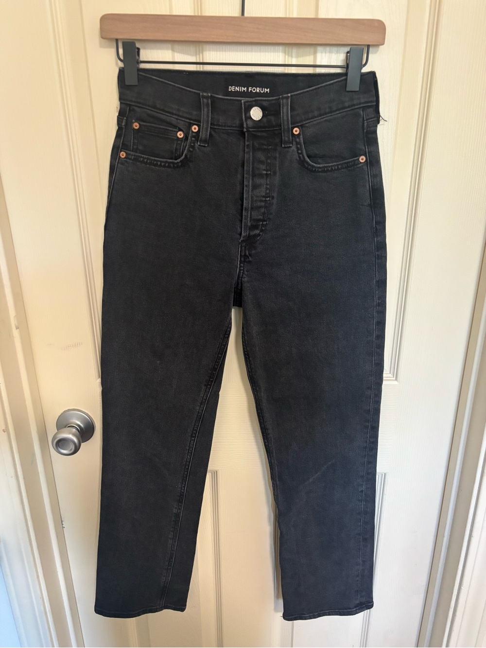 Denim Forum The Arlo High Rise Straight Jeans Black Wash 24 28L
